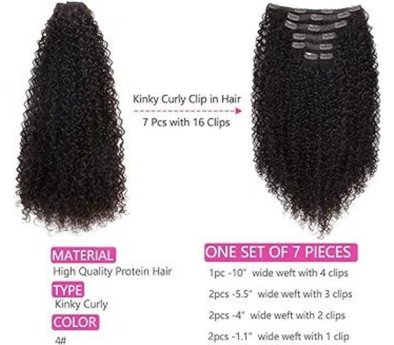 BHF 26inch Kinky curly clip-in hair Extension - 140g, synthetic, 7 pieces #4-curly